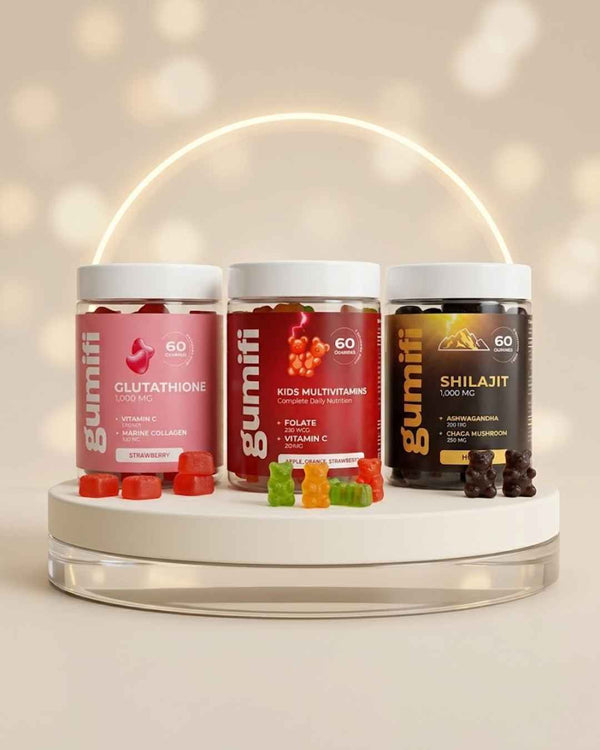 Family vitamin bundle Pakistan, kids multivitamin gummies, skin whitening gummies, Shilajit for men stamina, Halal family supplements, Gumifi wellness pack, immune booster for kids, glutathione and collagen Pakistan