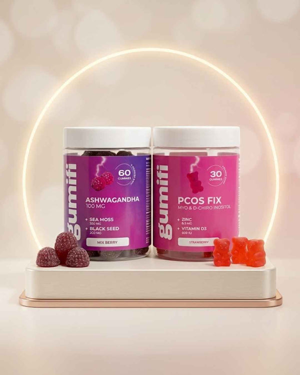 PCOS bundle Pakistan, hormonal balance vitamins, Myo-Inositol for women, Ashwagandha for stress relief, irregular period supplements, Gumifi hormone duo, PCOS skin care vitamins, Halal PCOS relief